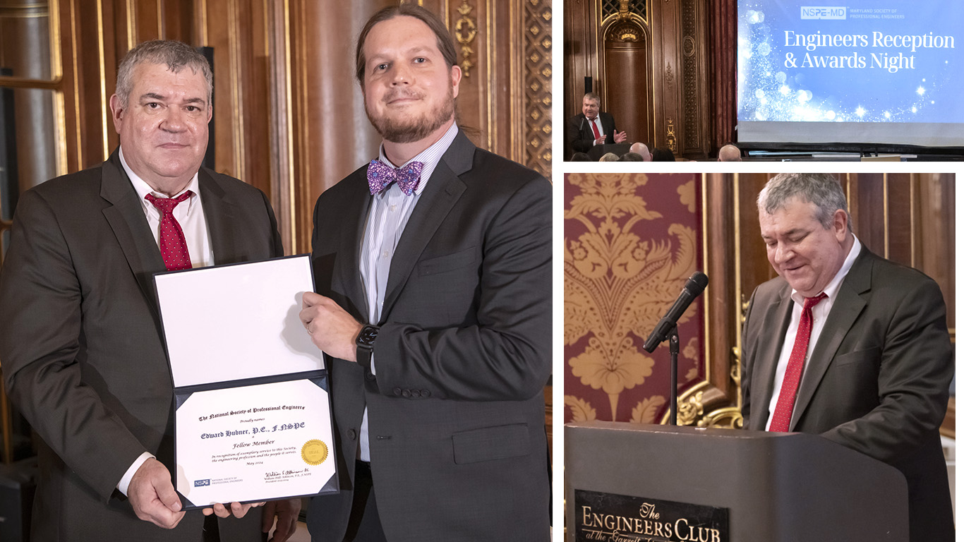 Collage of photos of man receiving award and speaking at podium